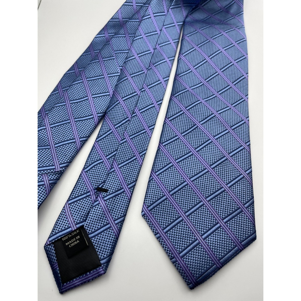 Pronto Uomo Mens Silk Tie Blue Purple Geometric Grid Plaid Professional Necktie